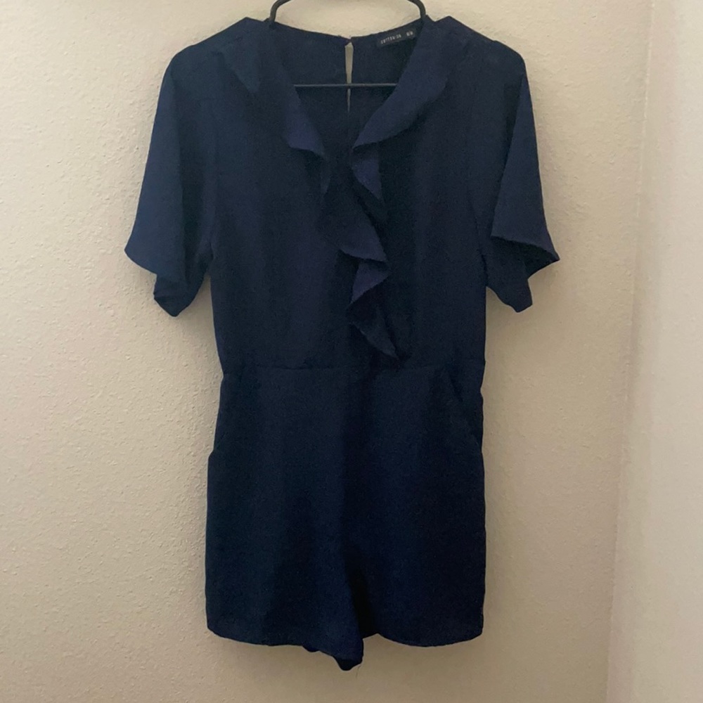 Navy blue ruffle wrap romper